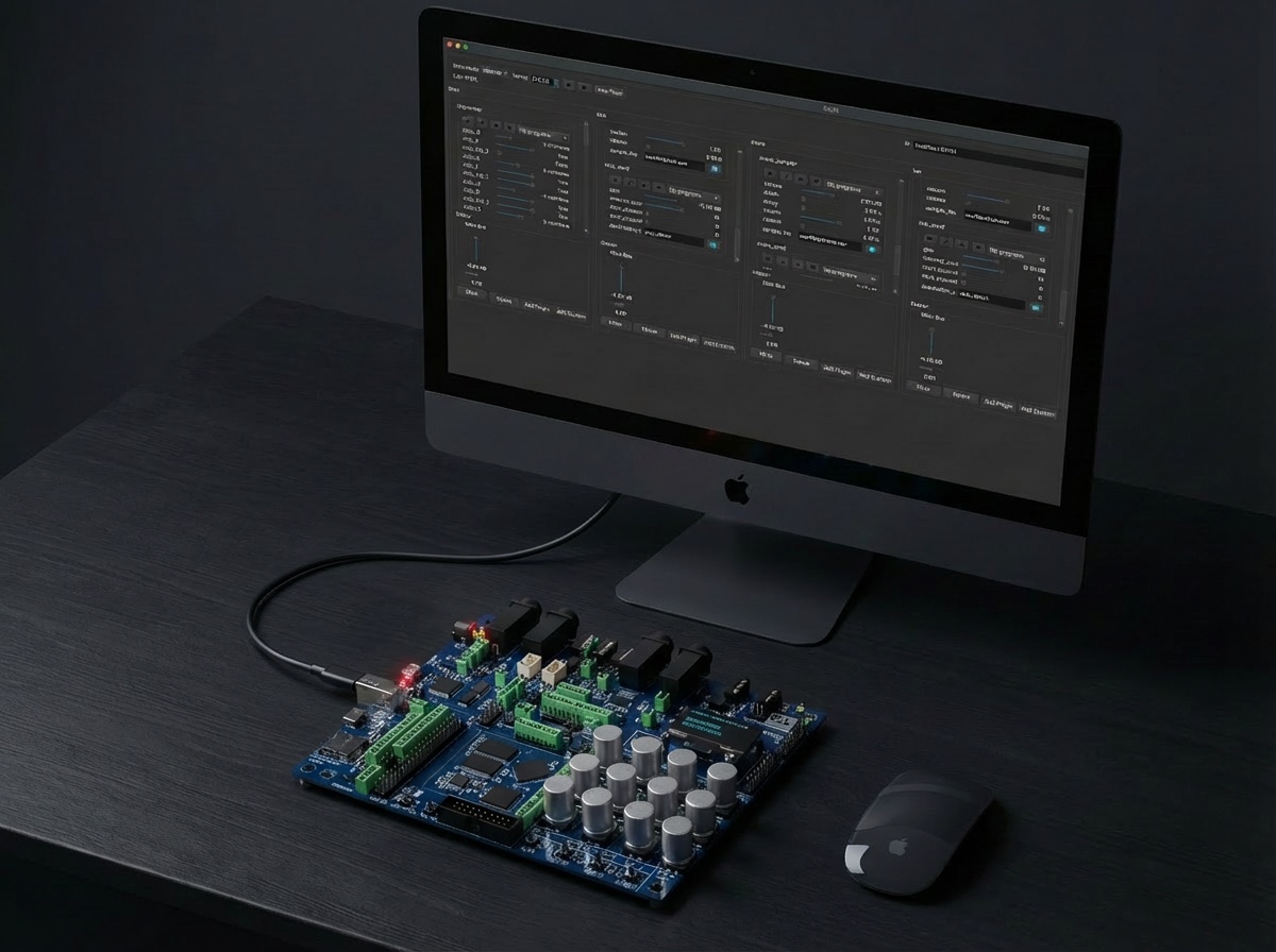 The Elk Stomp development board on a dark desk beside an iMac running the desktop devkit