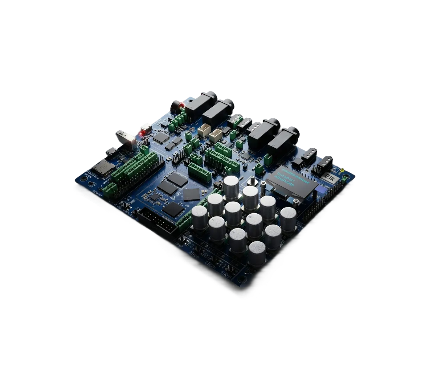 The Elk Stomp development board: eight pots, four encoders, footswitches and an OLED on a dark ground