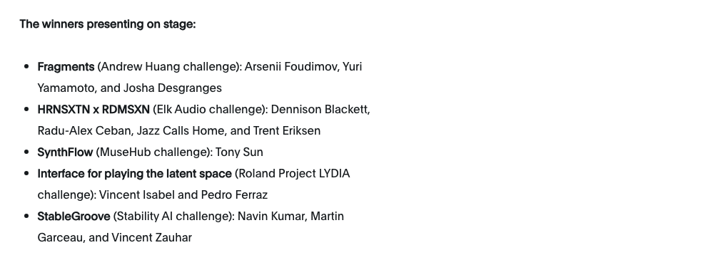 The winners list from MUTEK's page, naming HRNSXTN x RDMSXN for the Elk Audio challenge: Dennison Blackett, Radu-Alex Ceban, Jazz Calls Home, and Trent Eriksen