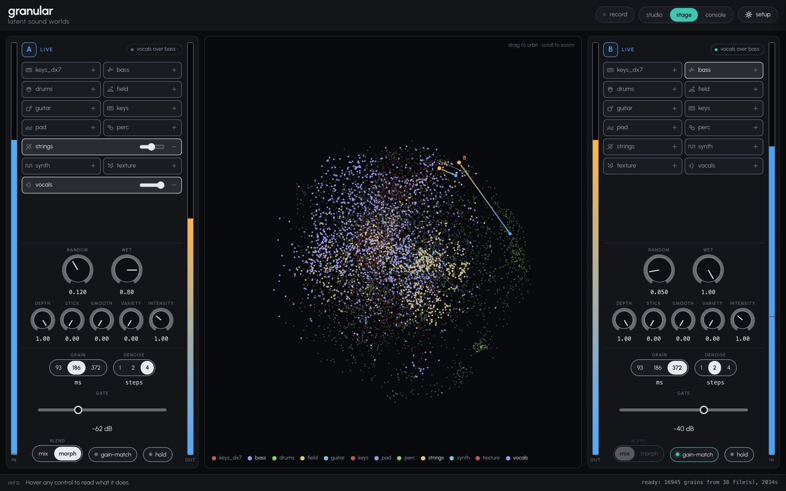 The stage view: a dark performance theme where both voices' cursors traverse the latent point cloud