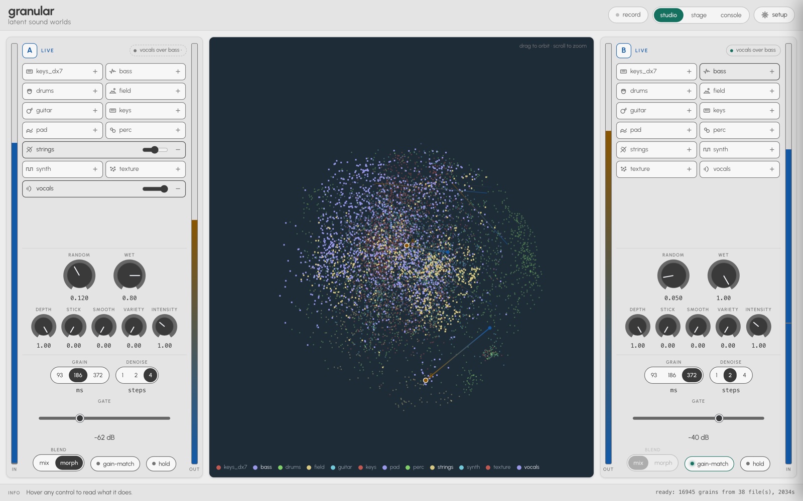 The granular instrument's studio view: two voice panels with shaping controls flanking a 3D latent map of 16,945 grains from 38 files